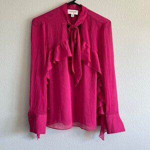 Highline Collective Pink Semi-Sheer Tie Neck Flowy Long Sleeve Blouse Size Med